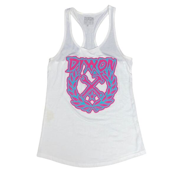 Dixxon Tank Top Sz Med Pink Blue Graffiti Front Graphic Wrench Hammer motorcycle - Picture 2 of 8